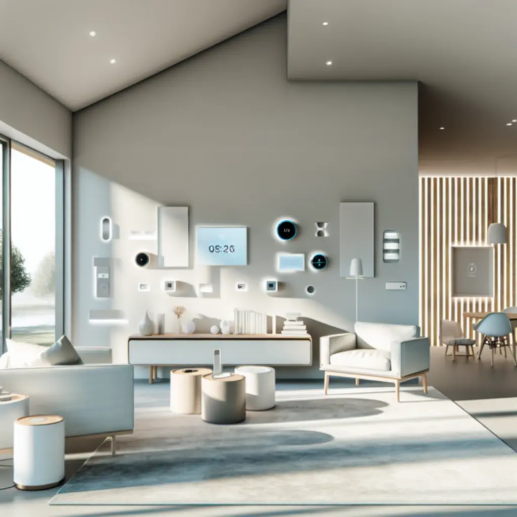 Moderne woonkamer met verbonden smart home-apparaten